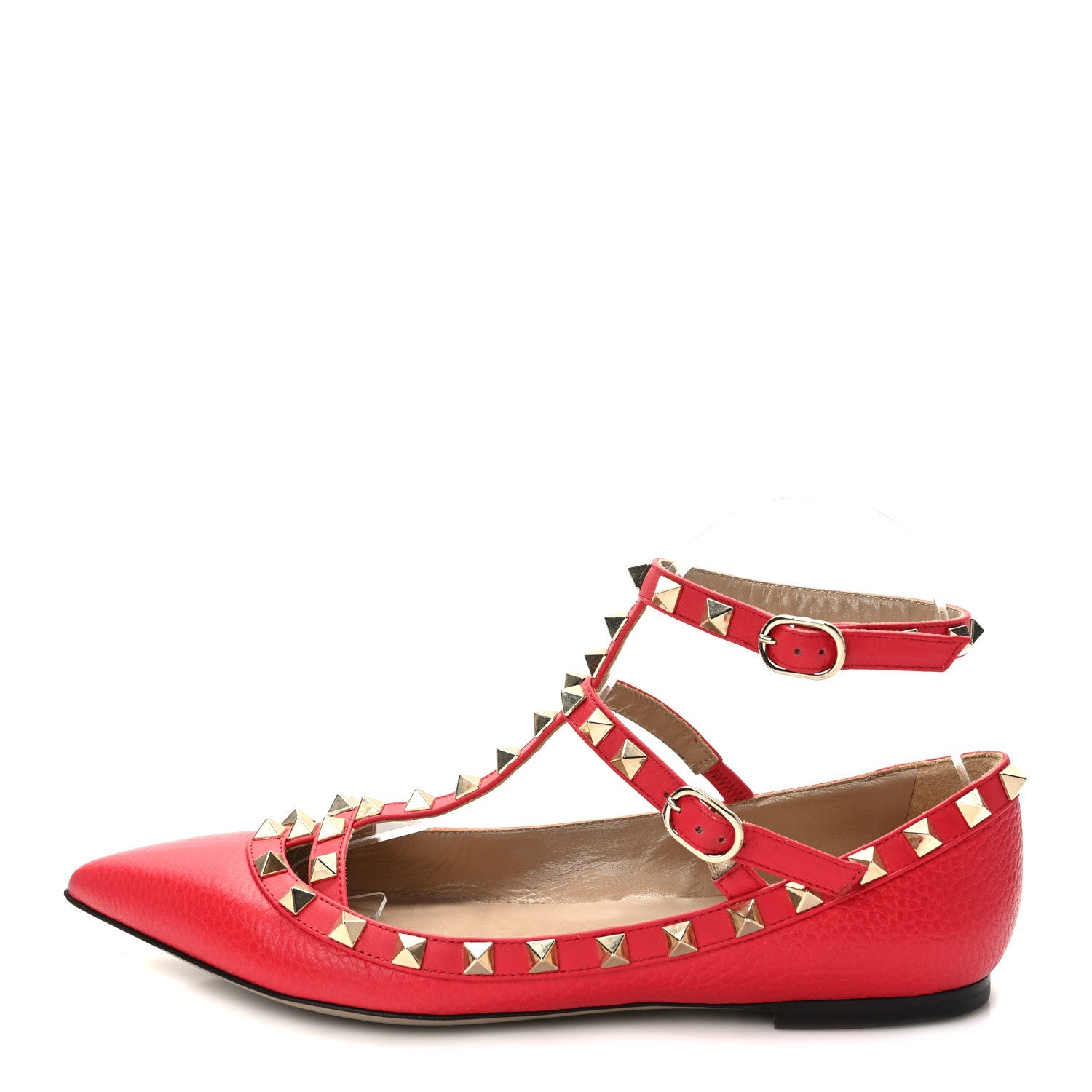 Valentino Garavani Pebbled Calfskin Rockstud Cage Ballerina Flats 37 Red 1 of 11