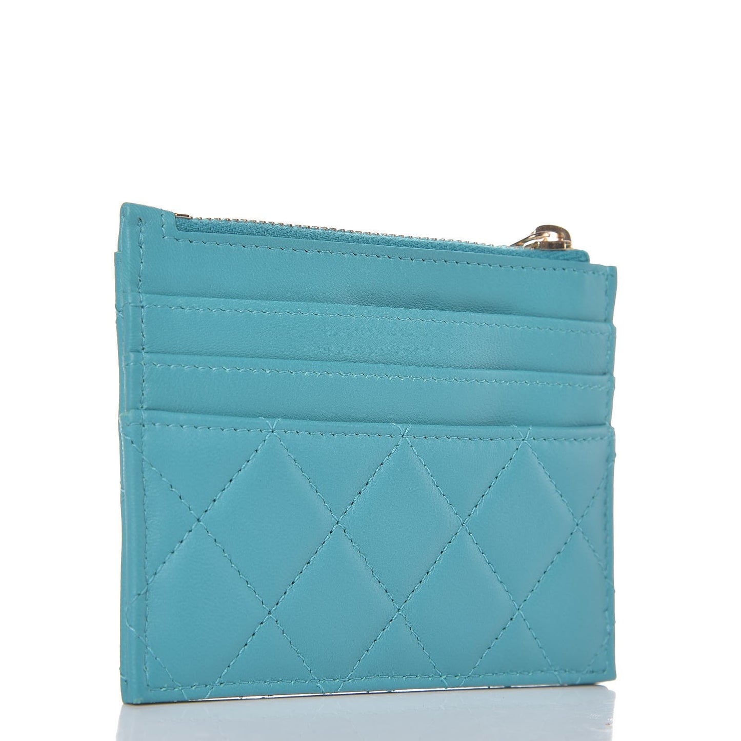 Lambskin Quilted Zip Card Holder Turquoise