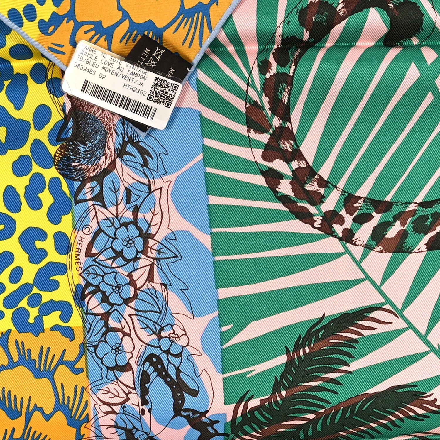 Hermes Silk Vintage Jungle Love au Tampon Scarf 70 Blue Moyen Vert Jaune 3 of 3