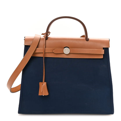 Hermes Vache Hunter Toile Herbag Zip 31 PM Bleu De Malte Natural 1 of 12