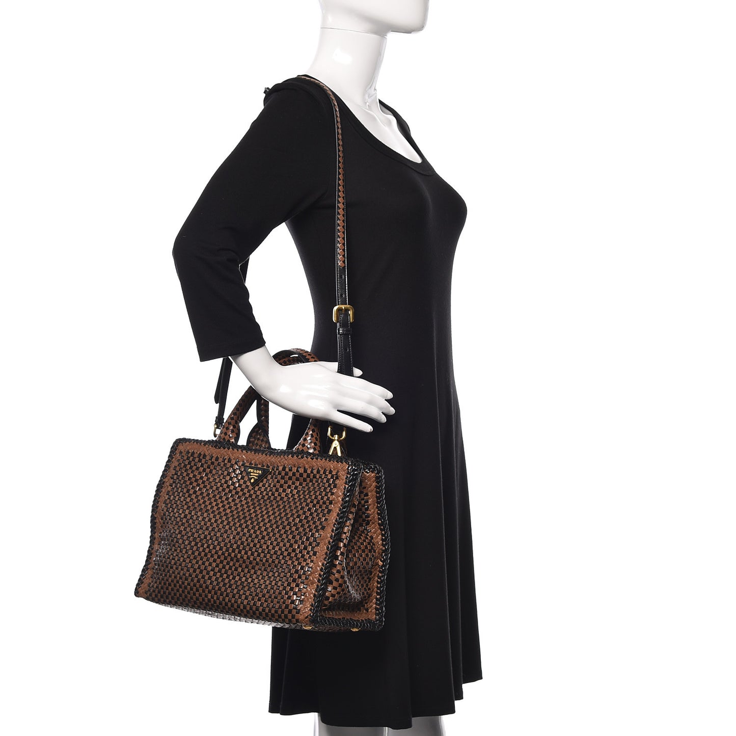 Goatskin Woven Small Tote Black Cammello