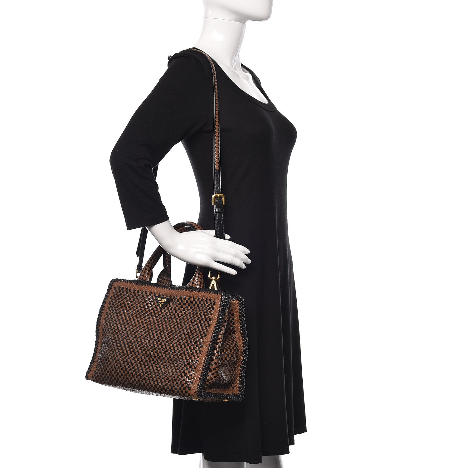 Prada Goatskin Woven Small Tote Black Cammello 2 of 13