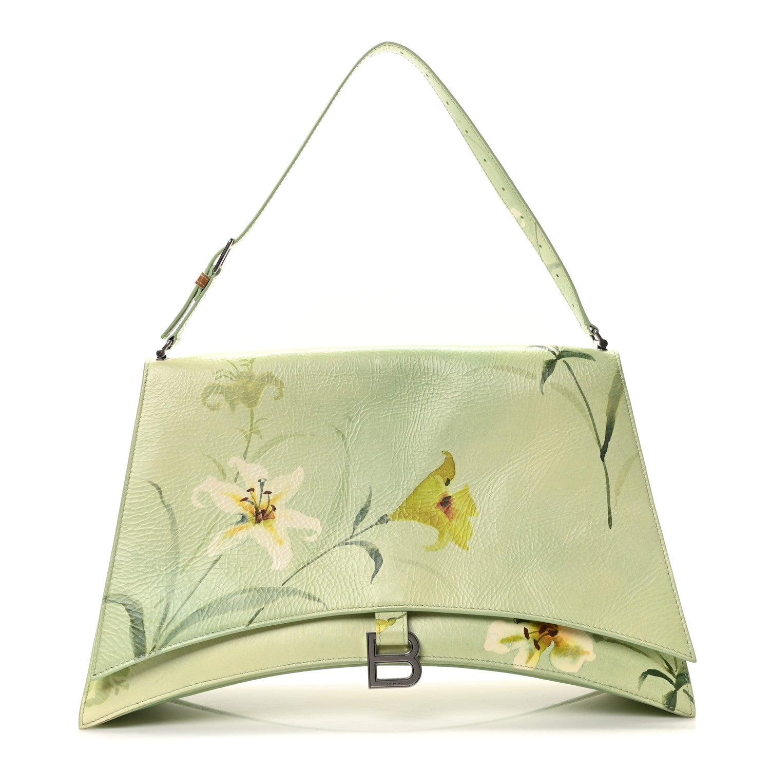 Balenciaga Shiny Paper Calfskin Floral Printed Large Crush Sling Bag Green 1 of 9