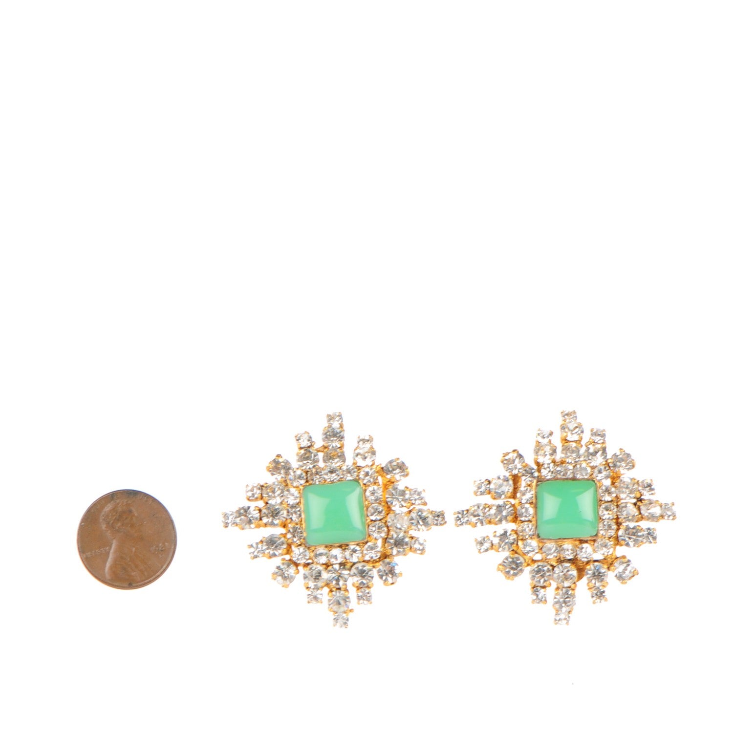 Chanel Resin Crystal Clip On Earrings Gold Green 2 of 4
