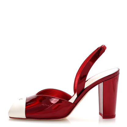 Chanel Lambskin Laminated Calfskin Cap Toe CC Slingback Pumps 37.5 Red Ivory 1 of 10