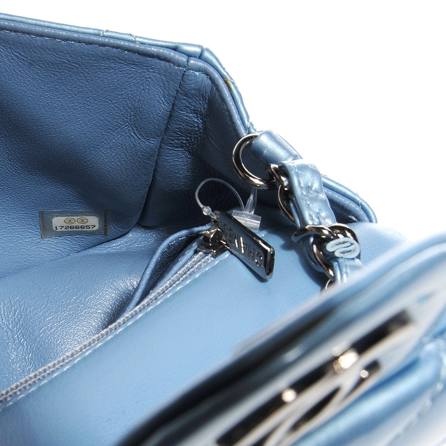 Patent Calfskin Quilted Mini Rectangular Flap Light Blue