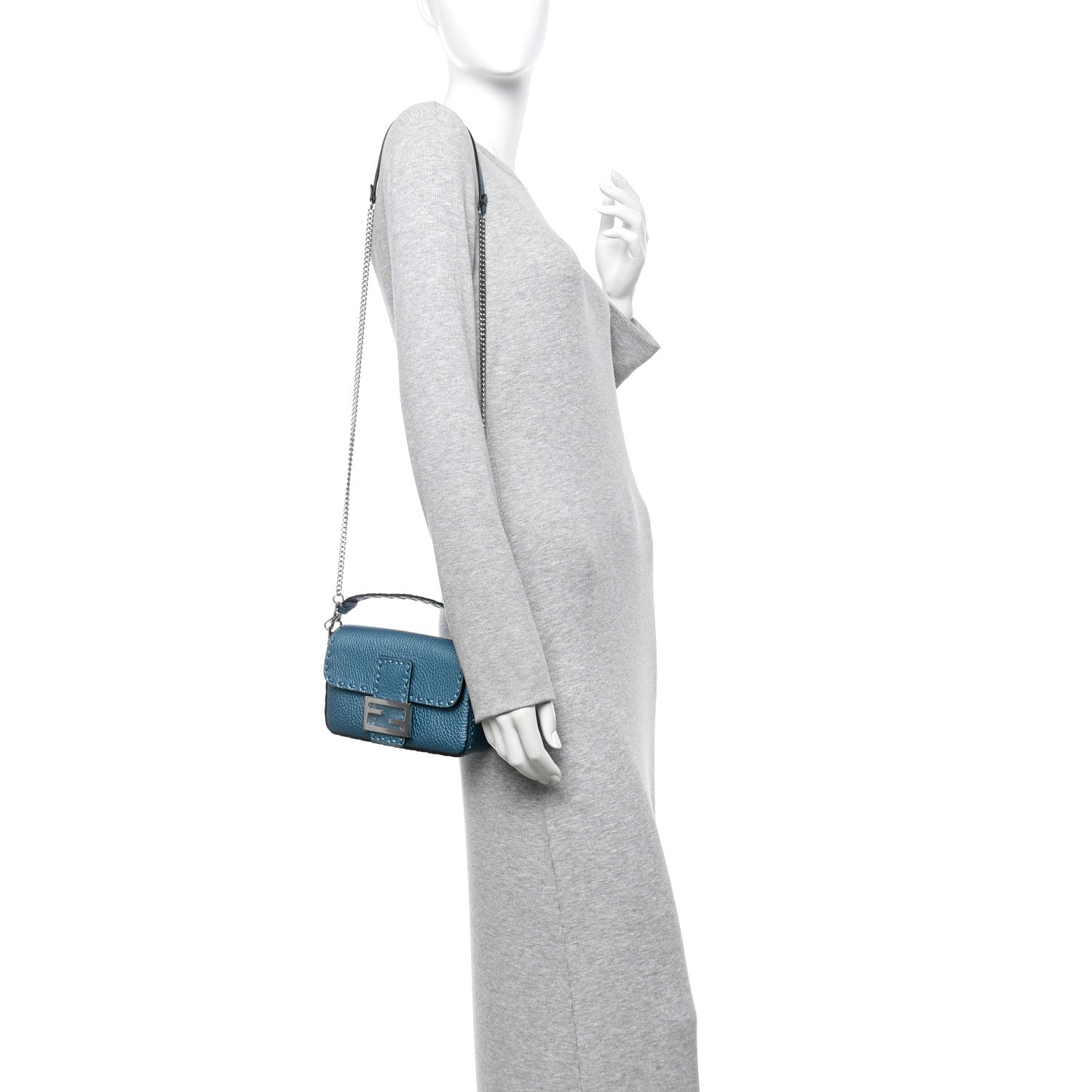Fendi Metallic Cuoio Roma Sellerissima Nappa Sintetica Tape Stitch Mini Baguette Placca Argento 2 of 9