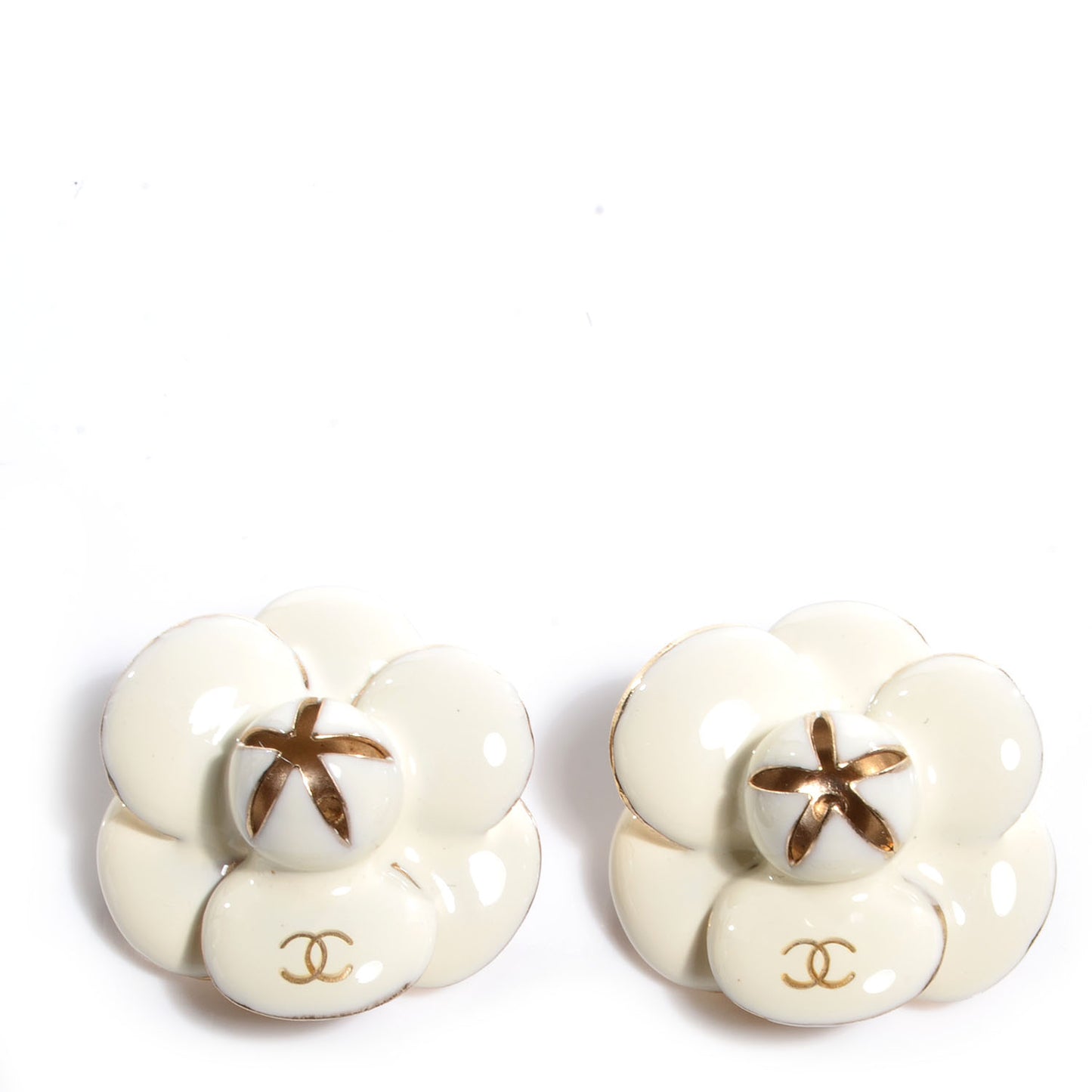 Enamel CC Camellia Clip On Earrings White