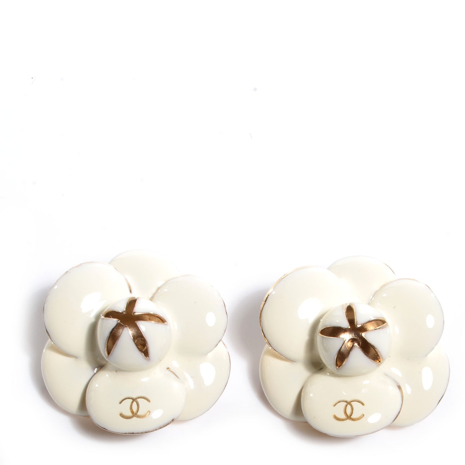 Chanel Enamel CC Camellia Clip On Earrings White 1 of 4