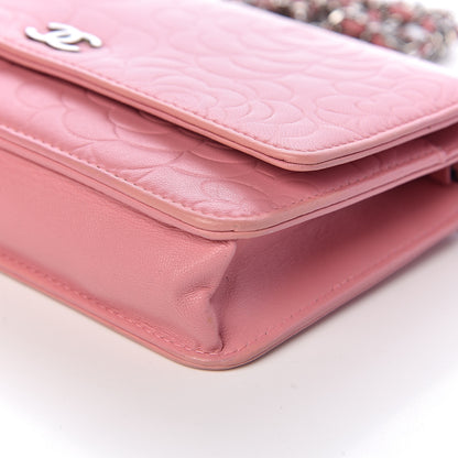 Chanel Lambskin Camellia Embossed Wallet On Chain WOC Pink 13 of 15