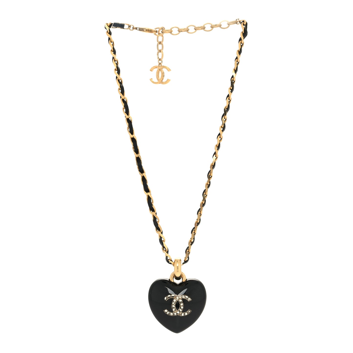 Lambskin Crystal Resin CC Heart Drop Necklace Gold Black