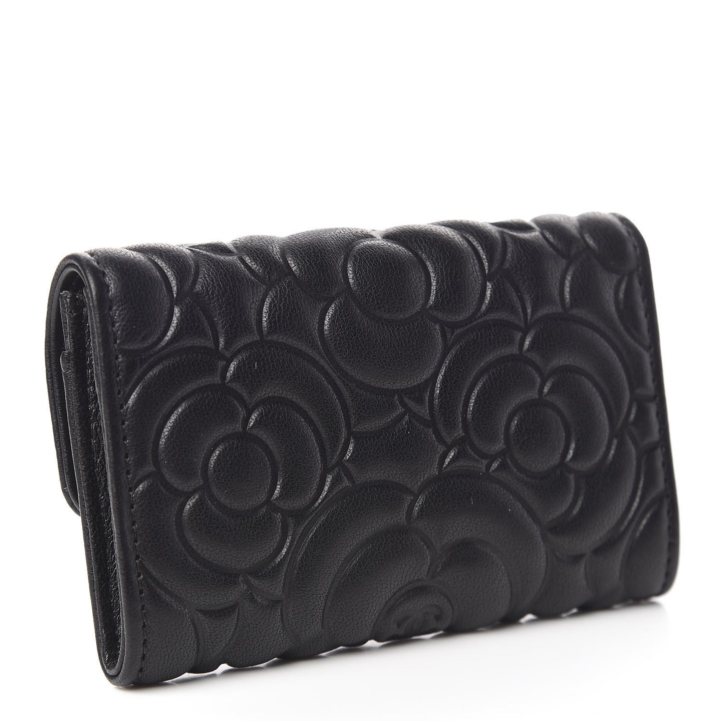 Goatskin Camellia Embossed Flap Card Holder Black