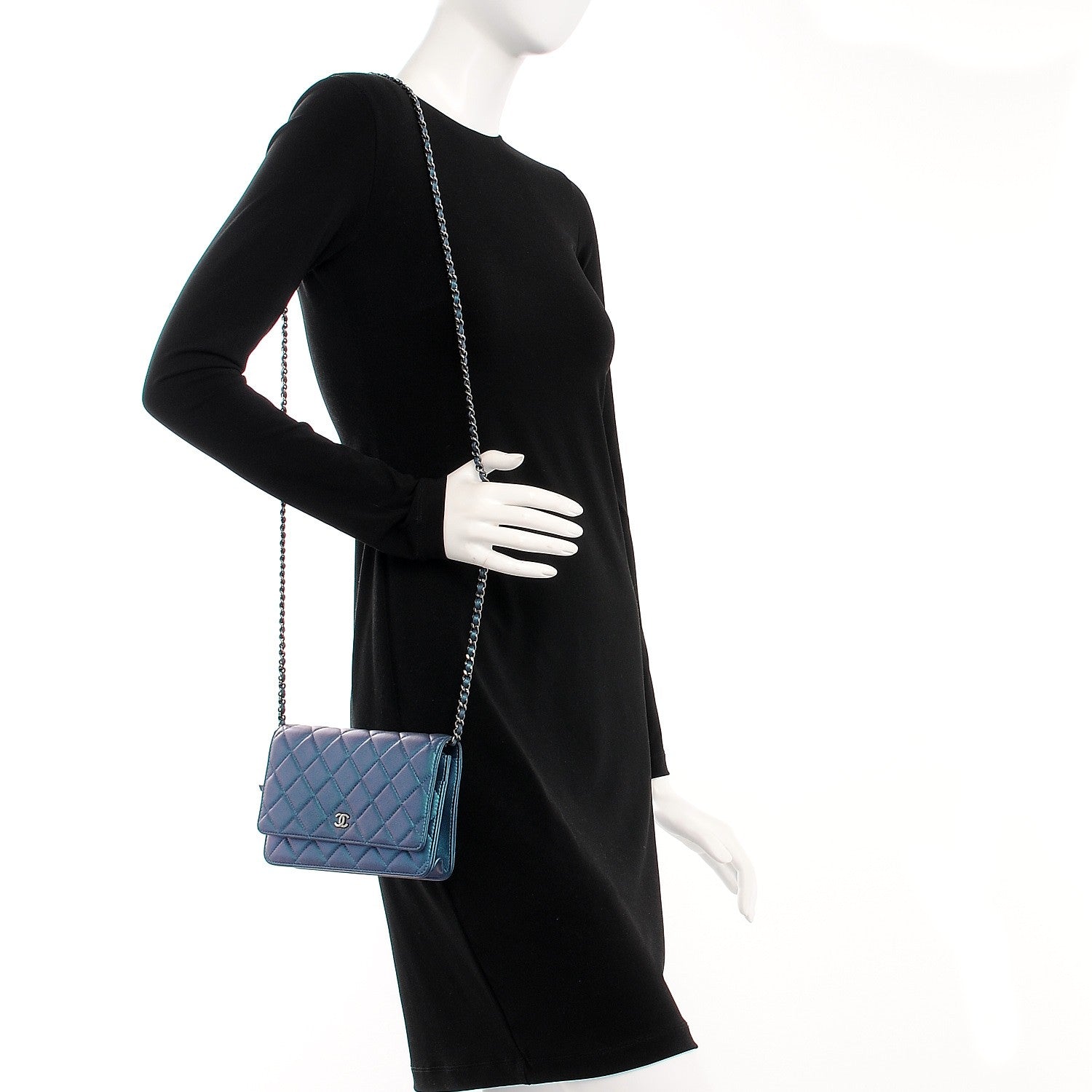 Chanel Metallic Lambskin Wallet On Chain WOC Turquoise 2 of 9