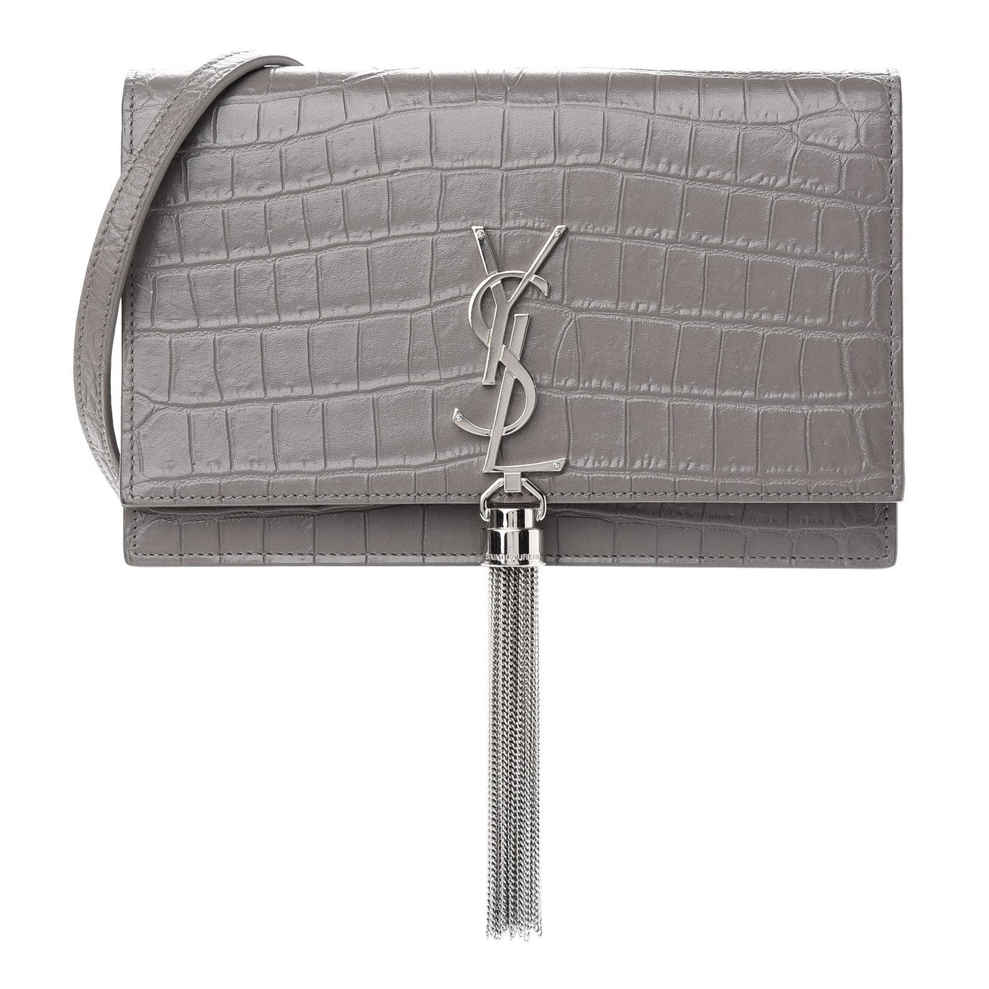 Calfskin Crocodile Embossed Kate Monogram Tassel Chain Wallet Fog
