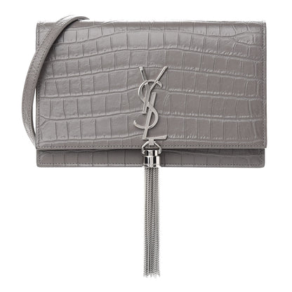 Saint Laurent Calfskin Crocodile Embossed Kate Monogram Tassel Chain Wallet Fog 1 of 9
