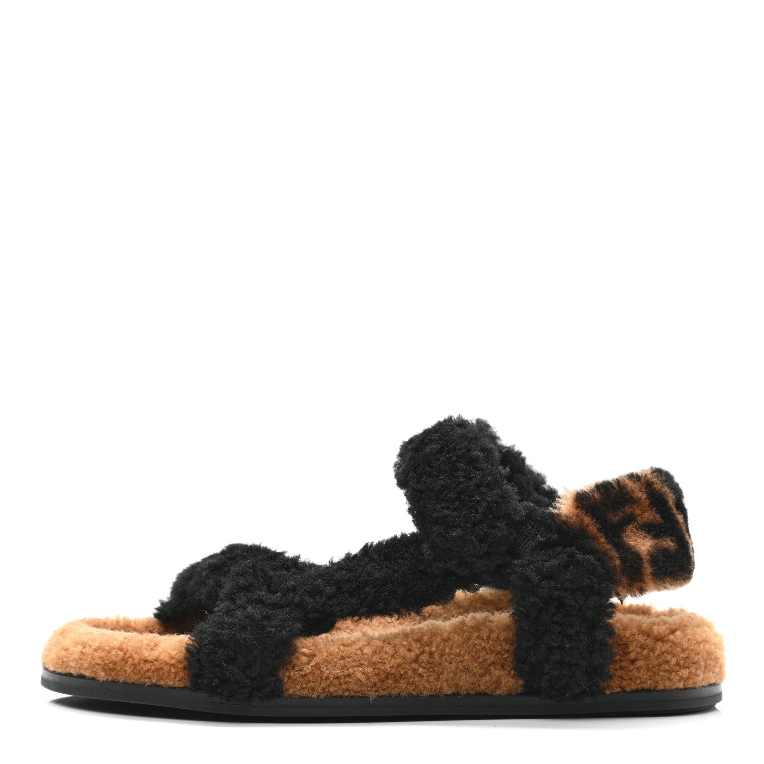Fendi Shearling FF Fendi Feel Sandals 38 Tobacco Black 1 of 9