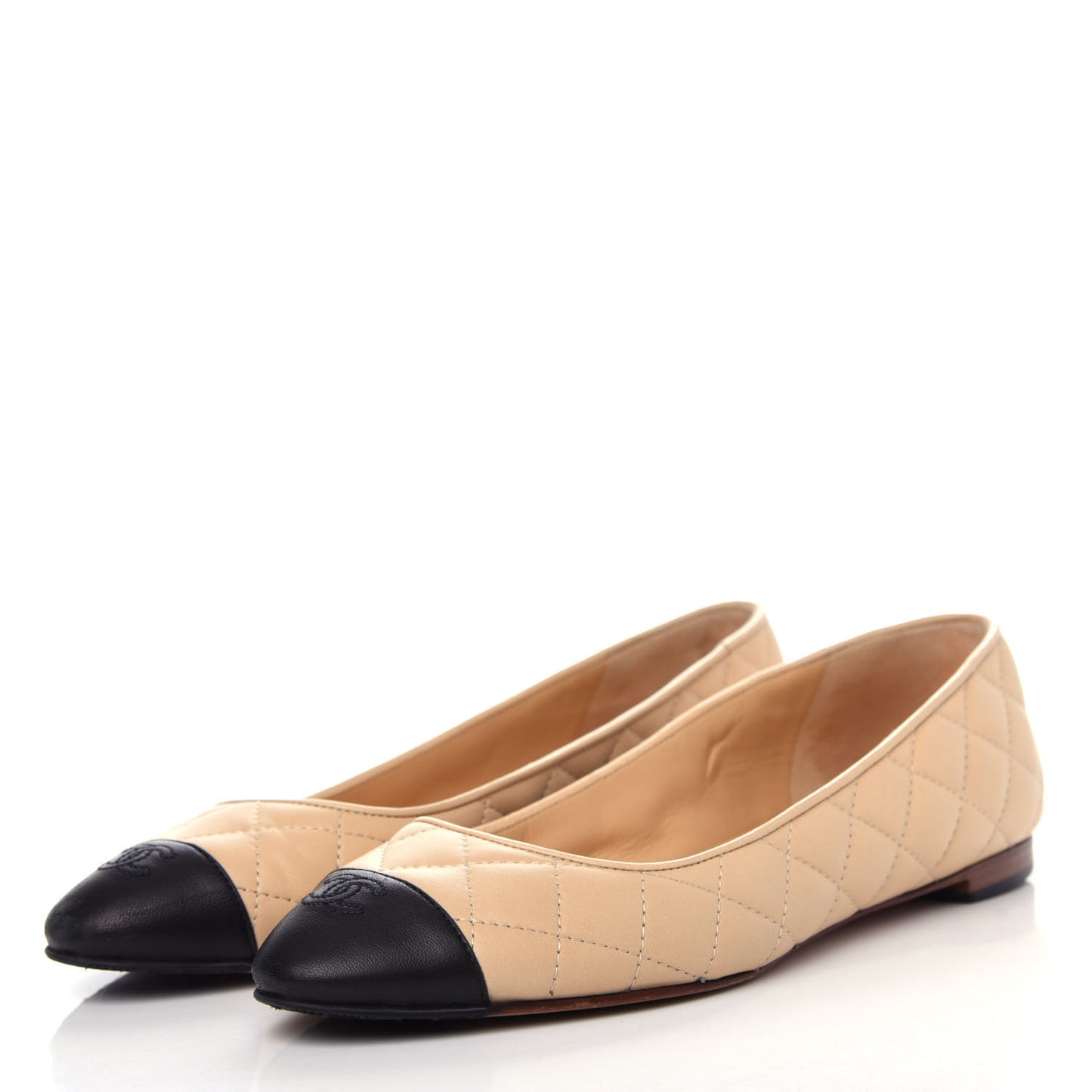 Lambskin Quilted Cap Toe Ballerina Flats 38.5 Beige Black