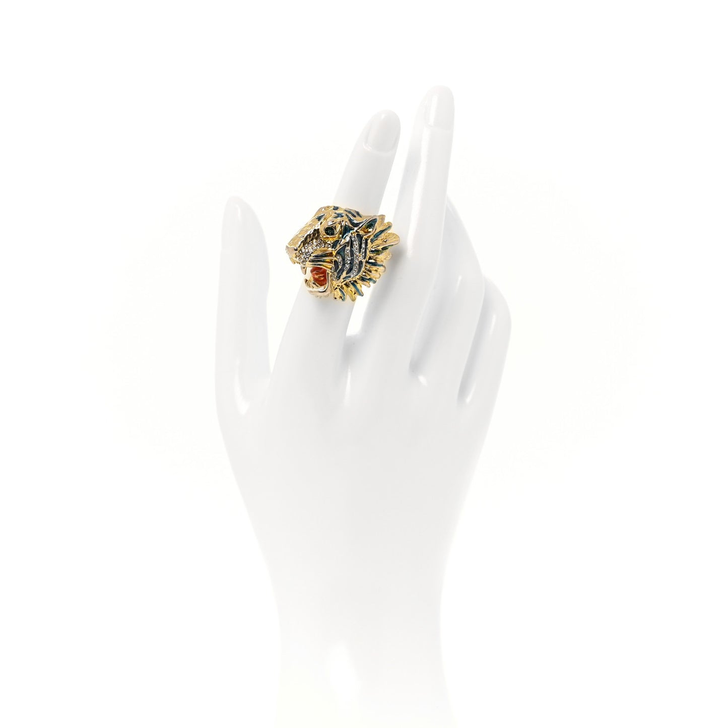 Metal Crystal Lion Head Ring XS Aged Gold Multicolor