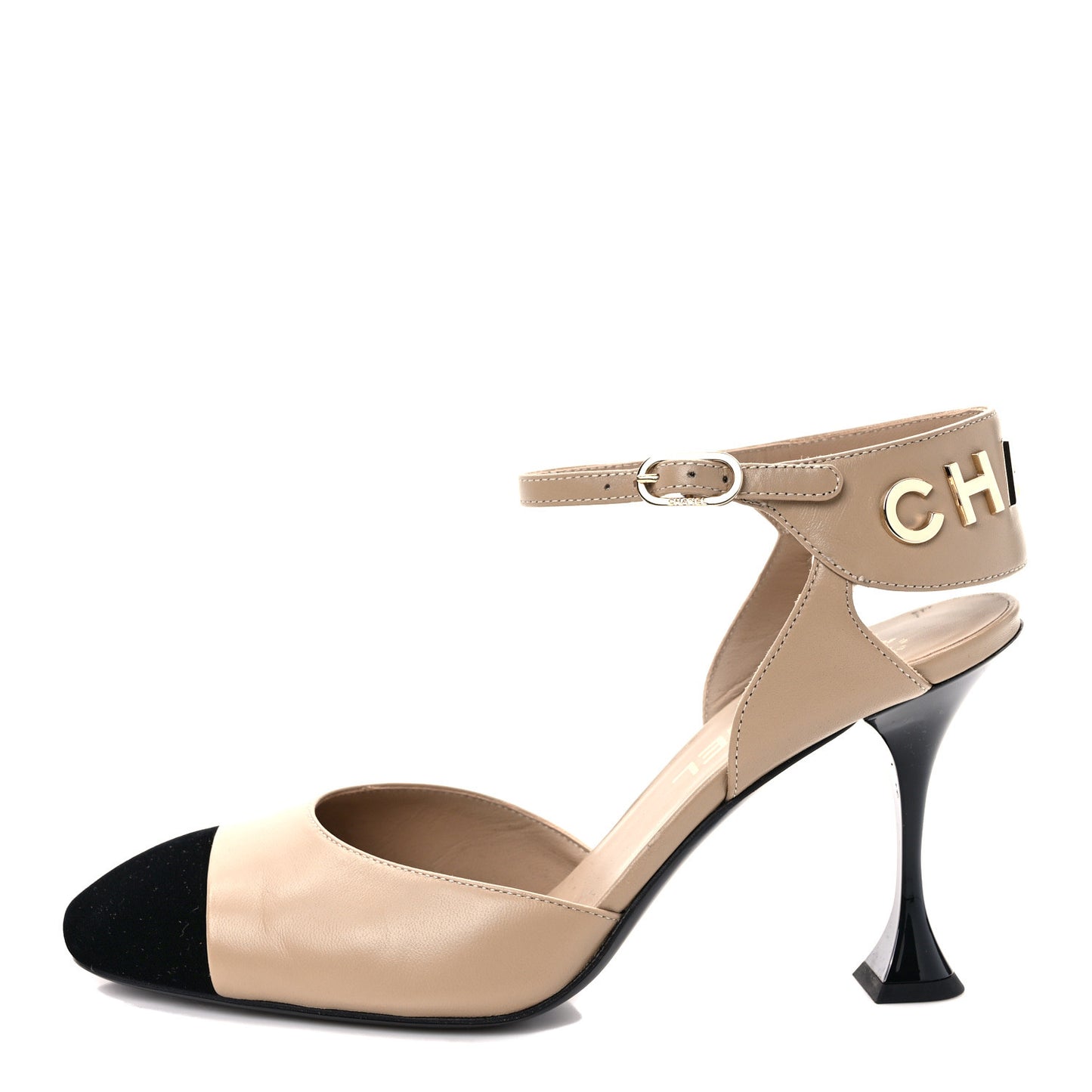 Lambskin Velvet Cap Toe Logo Pumps 38.5 Beige Black
