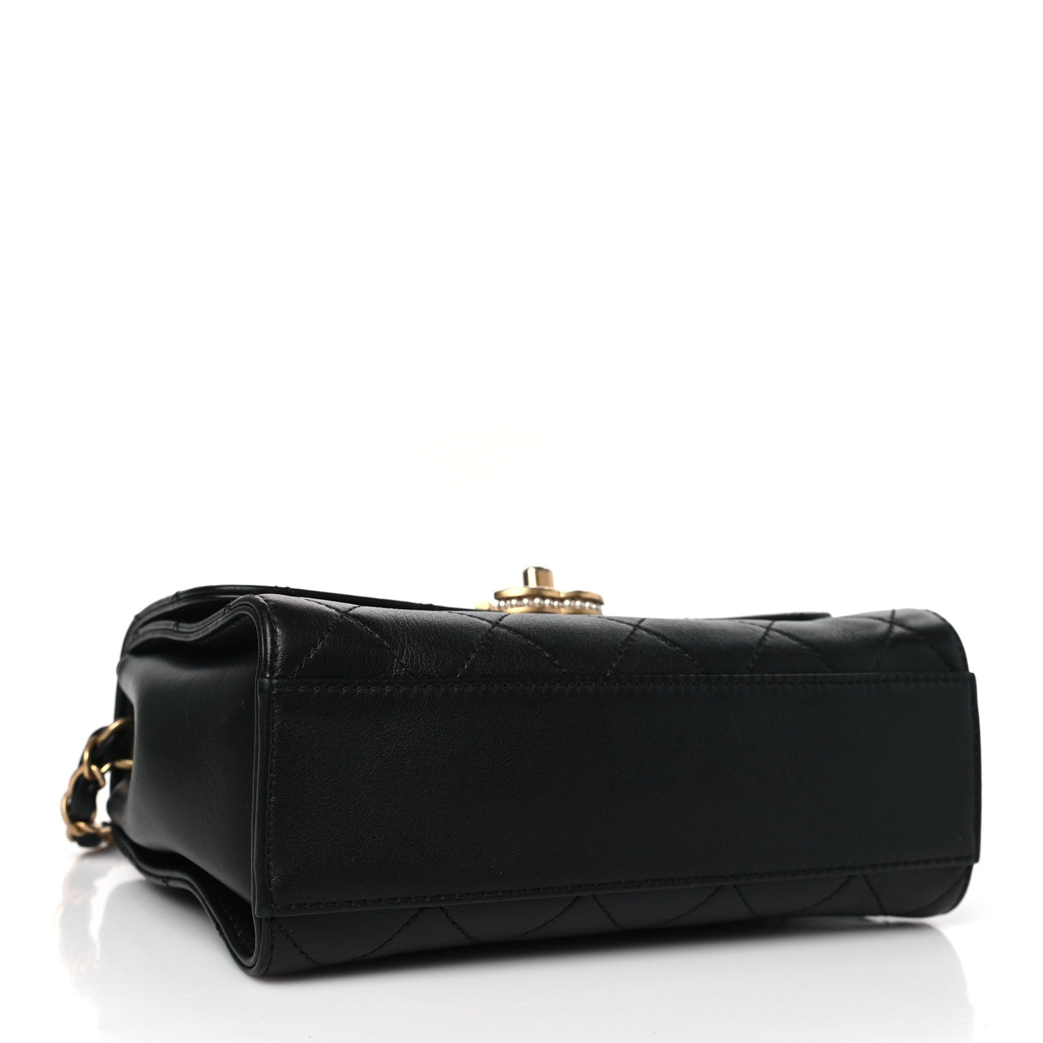 Chanel Lambskin Stitched Pearl Logo Top Handle Flap Black 4 of 10