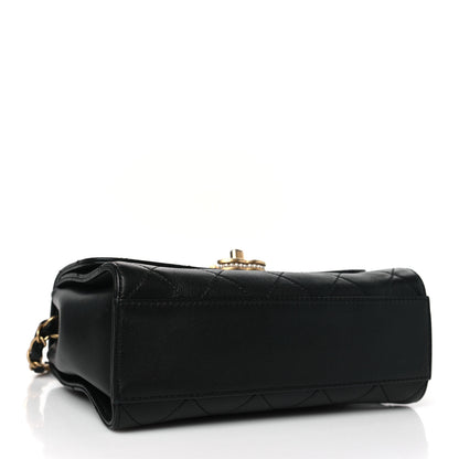 Chanel Lambskin Stitched Pearl Logo Top Handle Flap Black 4 of 10