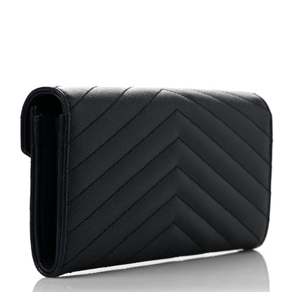 Saint Laurent Grain De Poudre Matelasse Chevron Monogram Flap Wallet Black 3 of 7