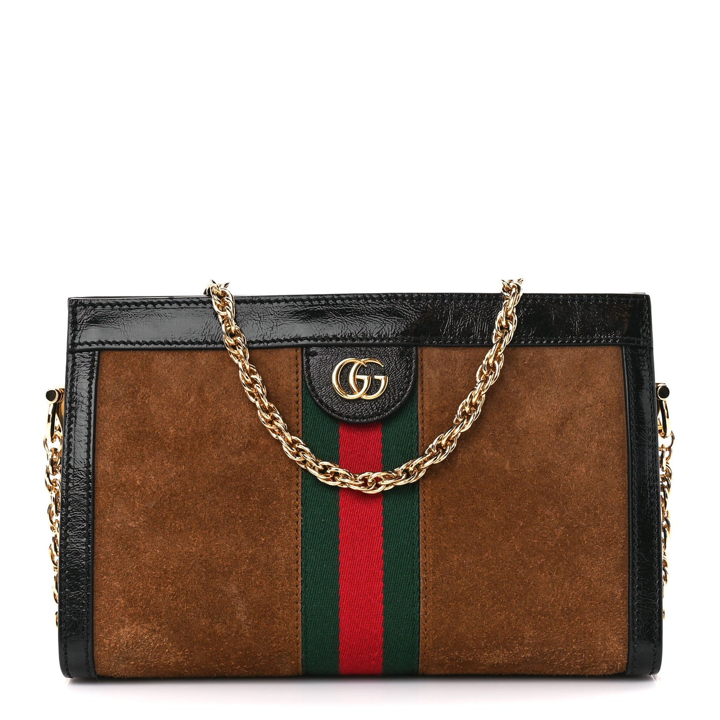 Suede Patent Web Small Ophidia Chain Shoulder Bag Nocciola Black