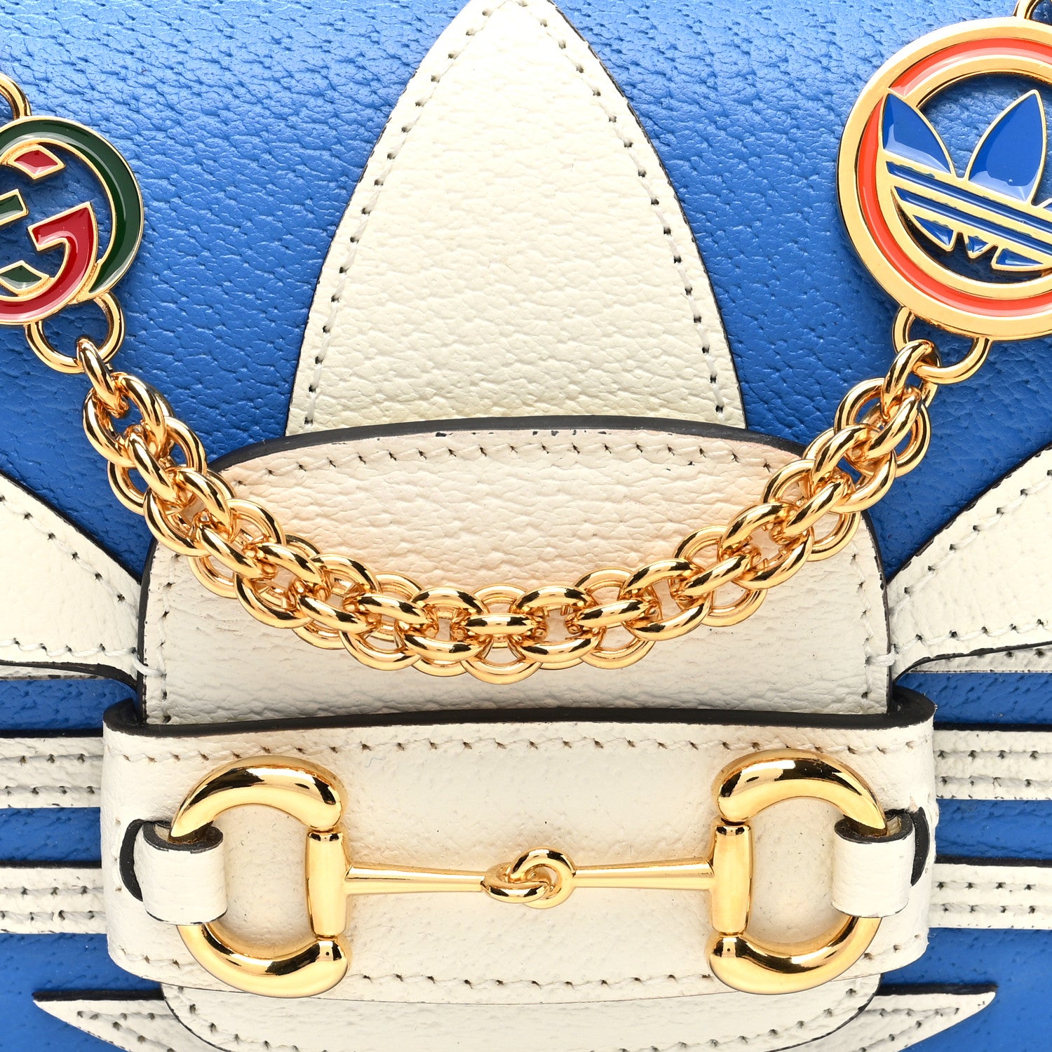 Gucci X ADIDAS Textured Dollar Calfskin Web Small Trefoil Horsebit 1955 Shoulder Bag Blue Off White 7 of 9