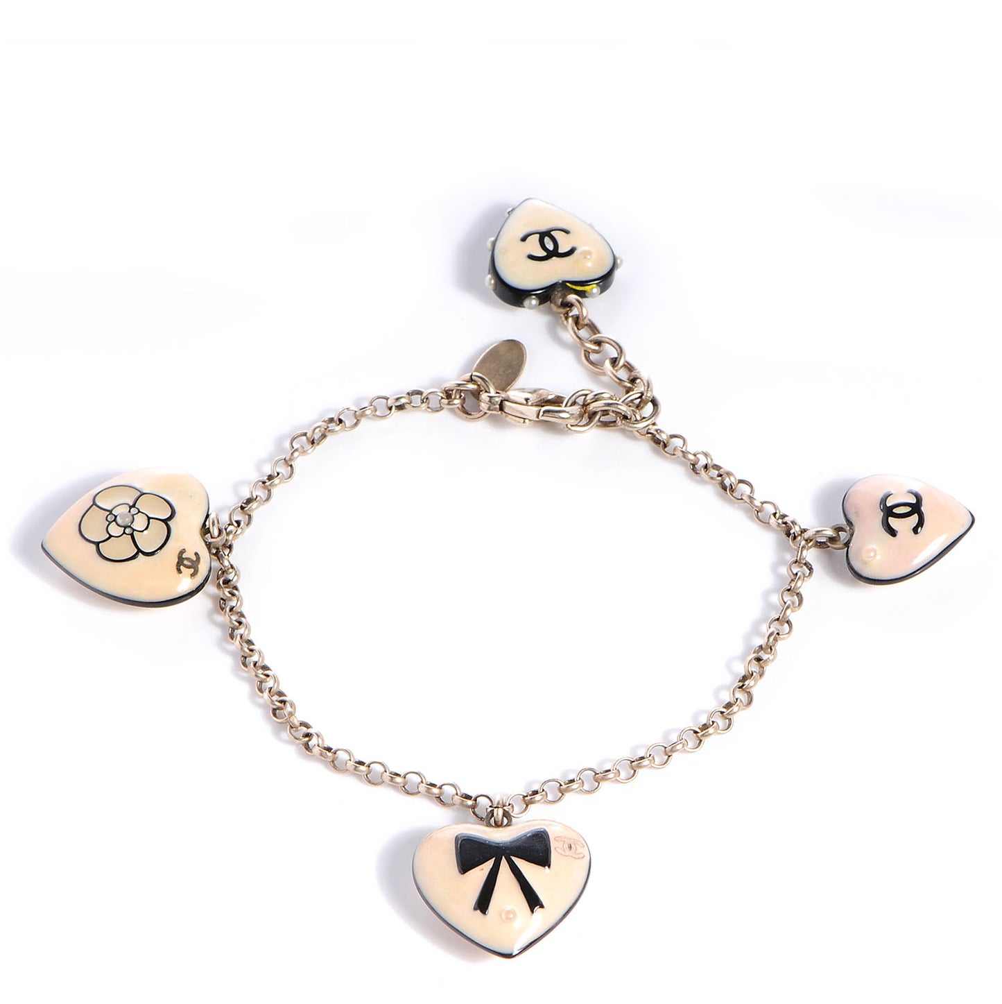 Enamel Heart CC Camellia Bow Charm Bracelet Silver