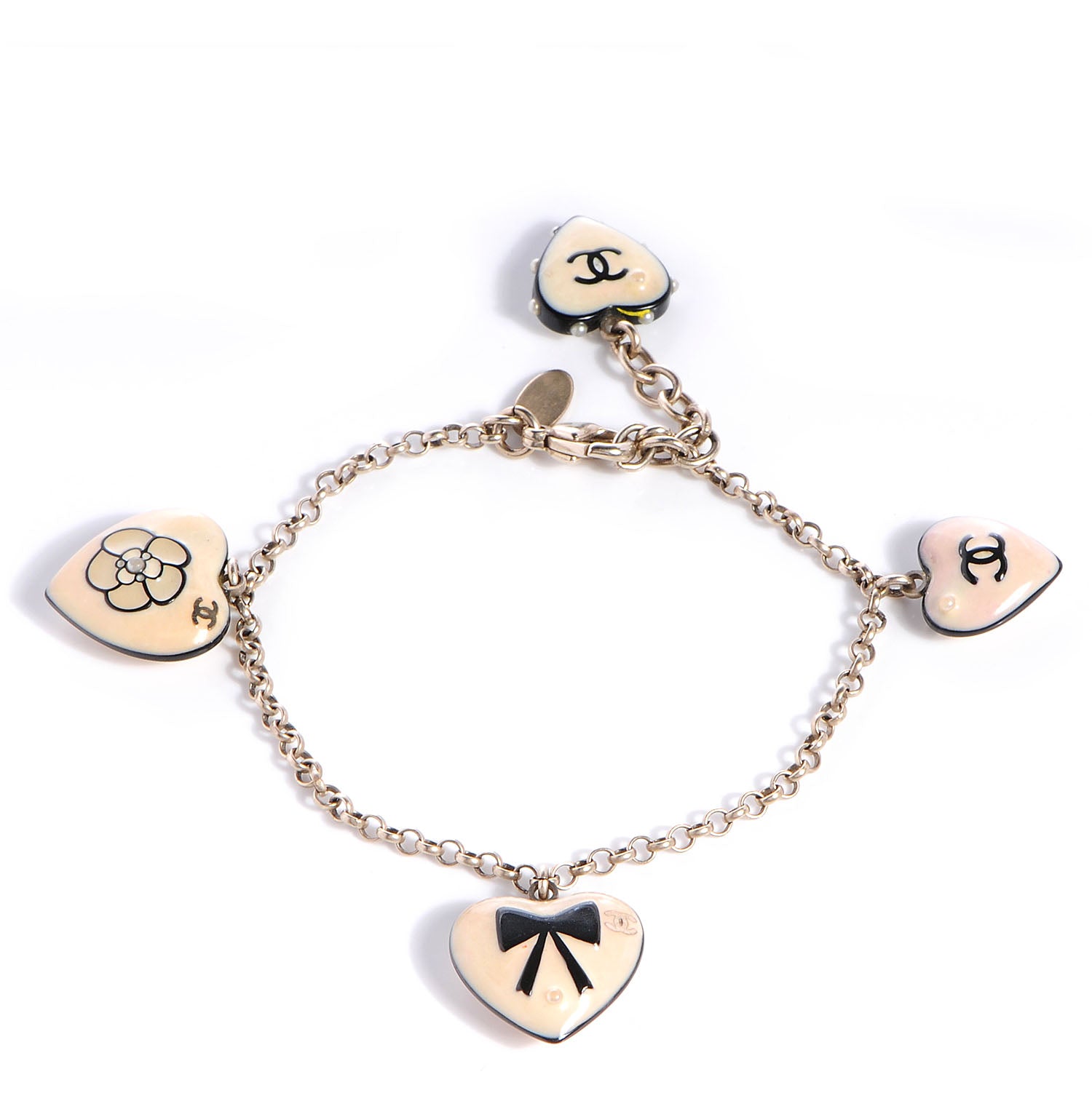Chanel Enamel Heart CC Camellia Bow Charm Bracelet Silver 1 of 5