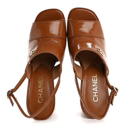 Chanel Crumpled Patent Lambskin Platform Sandals 37.5 Light Brown 2 of 13