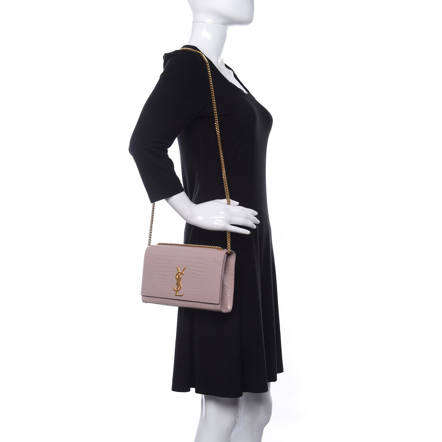 Saint Laurent Calfskin Crocodile Embossed Large Classic Monogram Kate Satchel Soft Nude 2 of 9