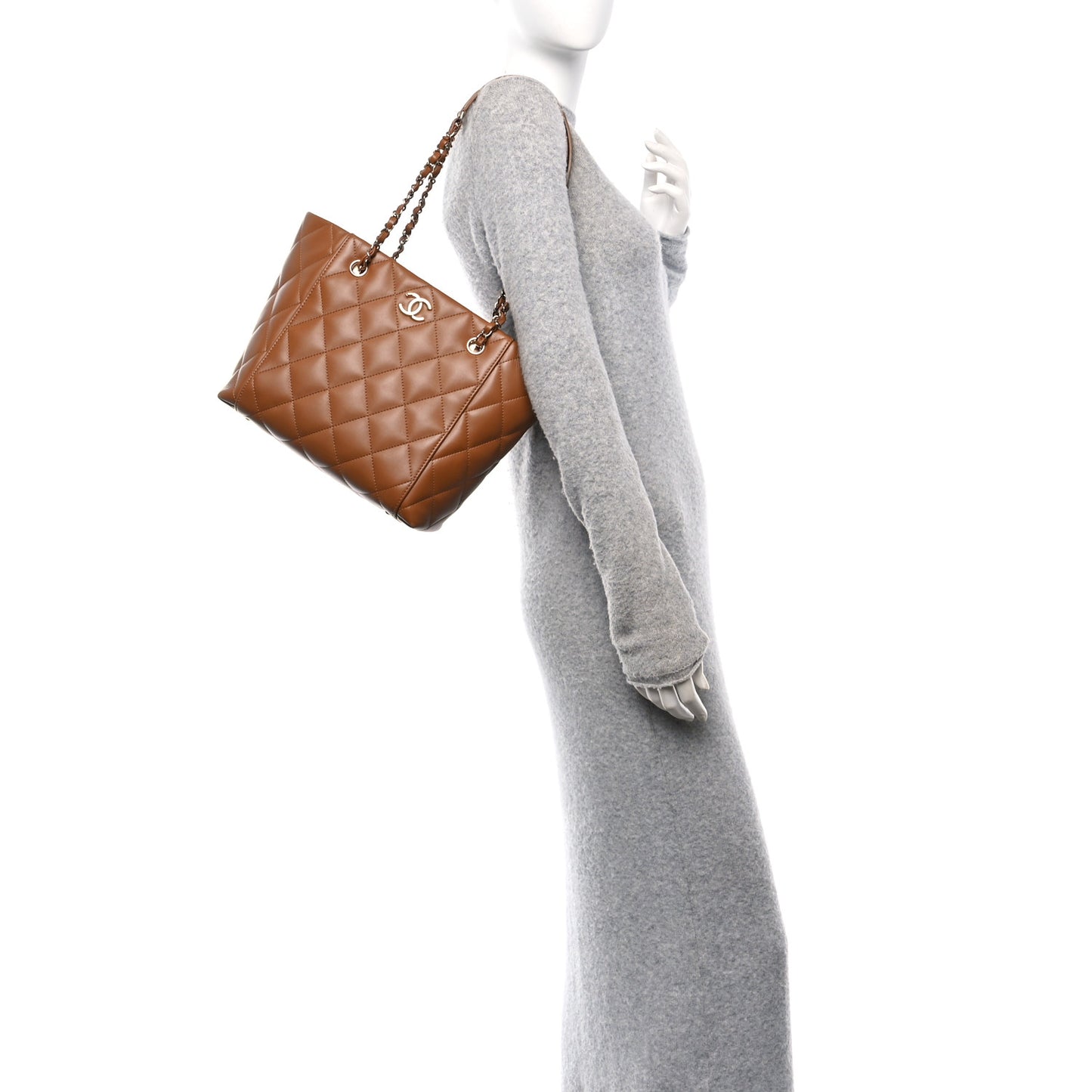 Calfskin Quilted Small Shopping Tote Camel