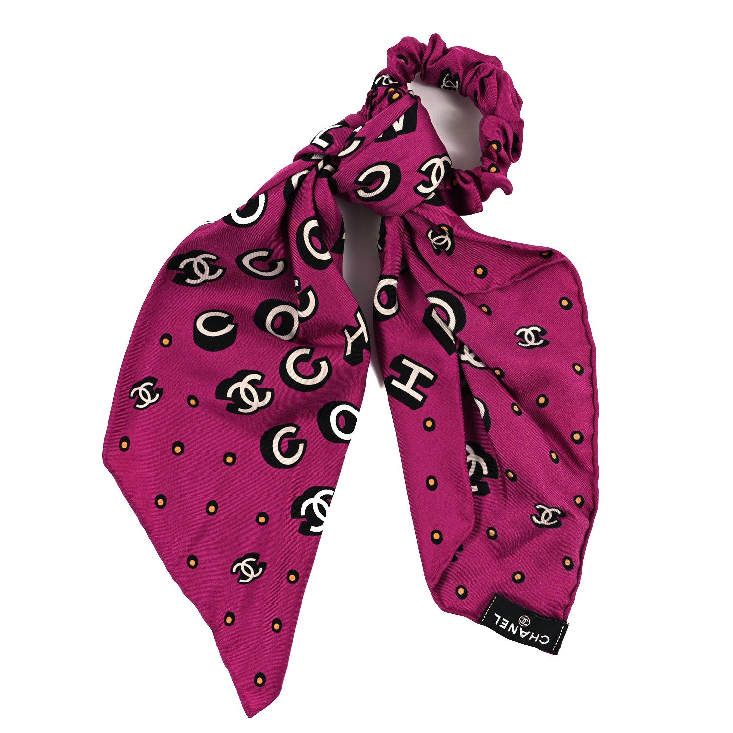 Chanel Silk CC Scrunchie and Scarf Hair Tie Fuchsia Black White 2 of 3