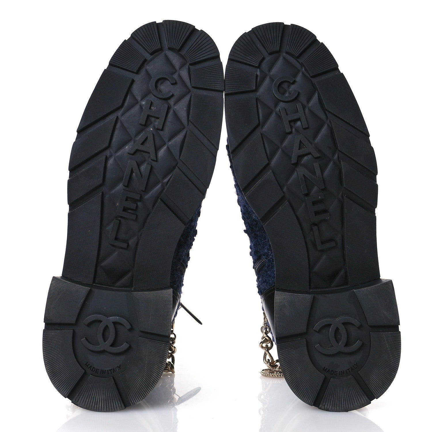 Chanel Wool Tweed Calfskin Chain Lace Up Combat Boots 40.5 Navy Blue Black 6 of 9