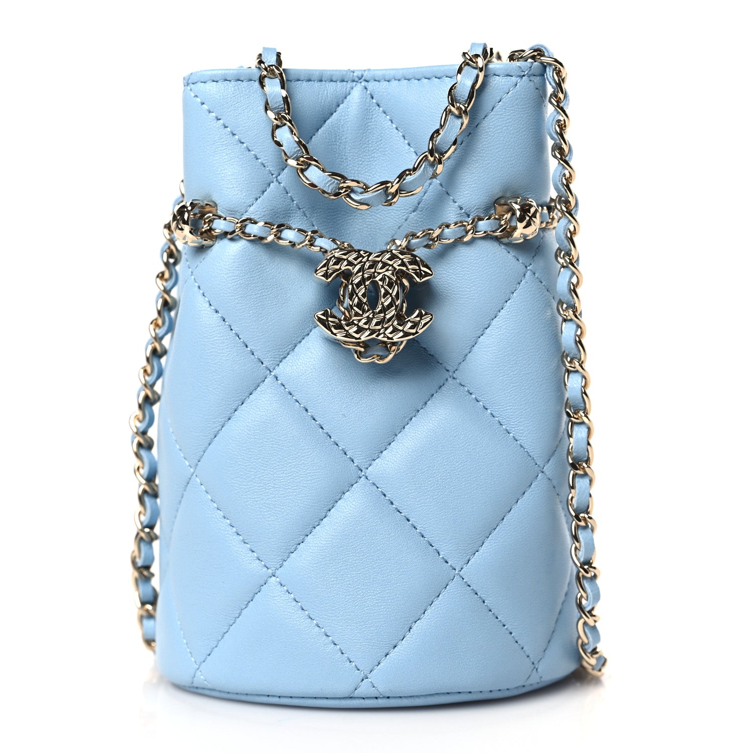 Chanel Lambskin Quilted Mini Drawstring Bucket Bag With Chain Light Blue 1 of 11