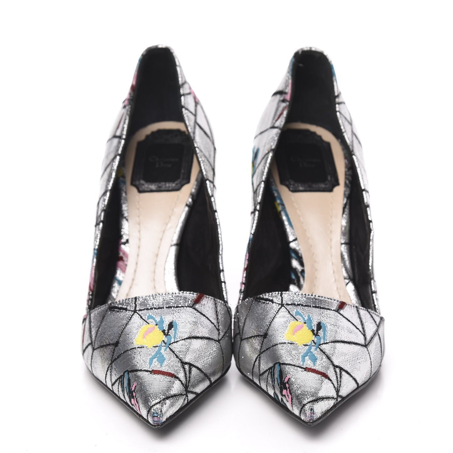 Lurex Embroidered Floral Pointed Toe Pumps 38 Silver Multicolor
