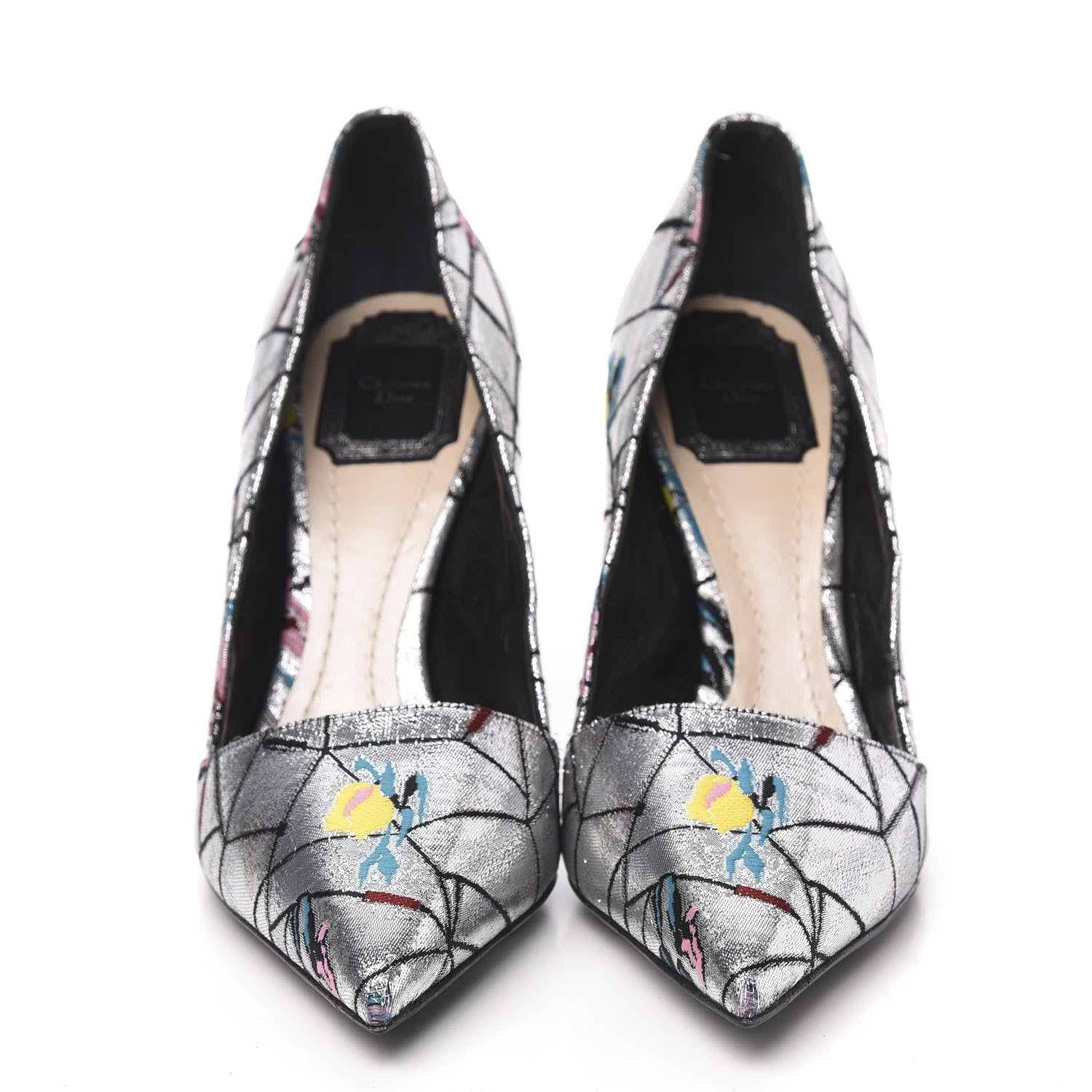 Christian Dior Lurex Embroidered Floral Pointed Toe Pumps 38 Silver Multicolor 2 of 10