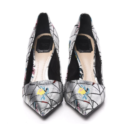 Christian Dior Lurex Embroidered Floral Pointed Toe Pumps 38 Silver Multicolor 2 of 10