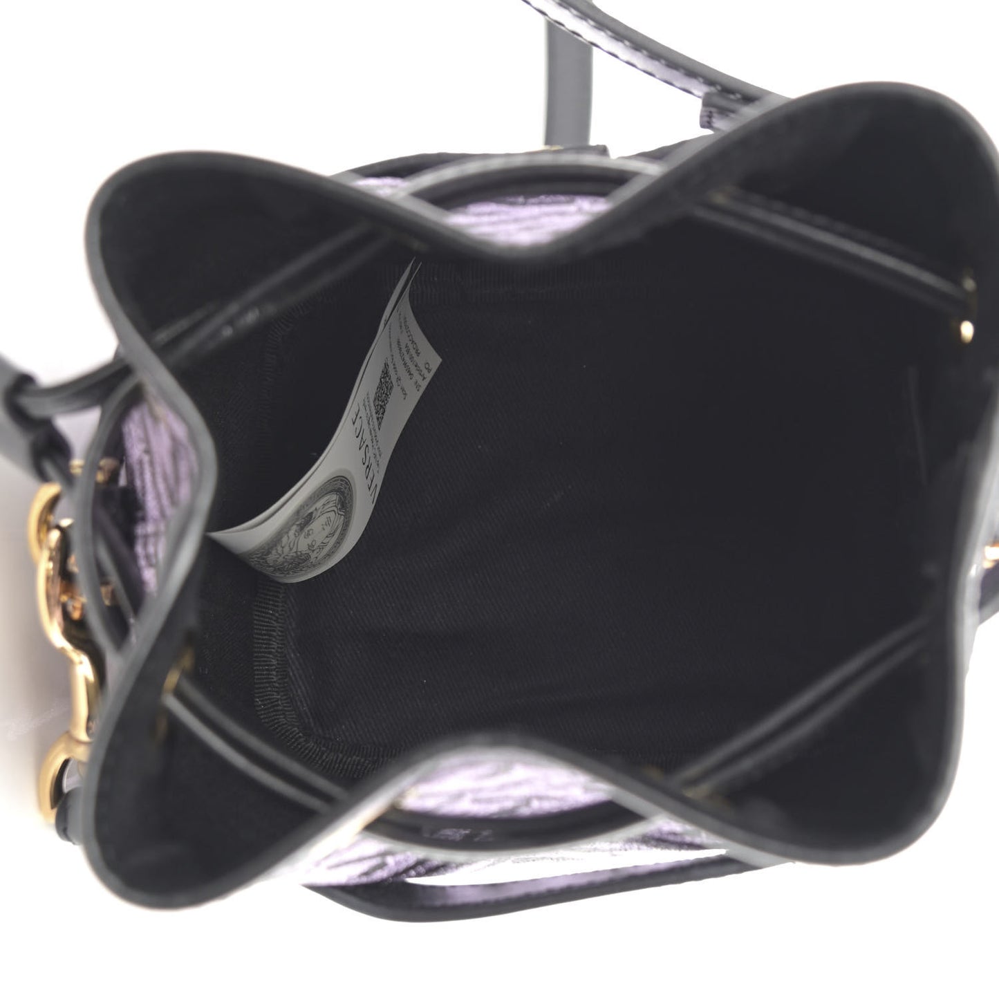 Coated Canvas La Greca Glitter Print Mini Bucket Bag Orchid Black