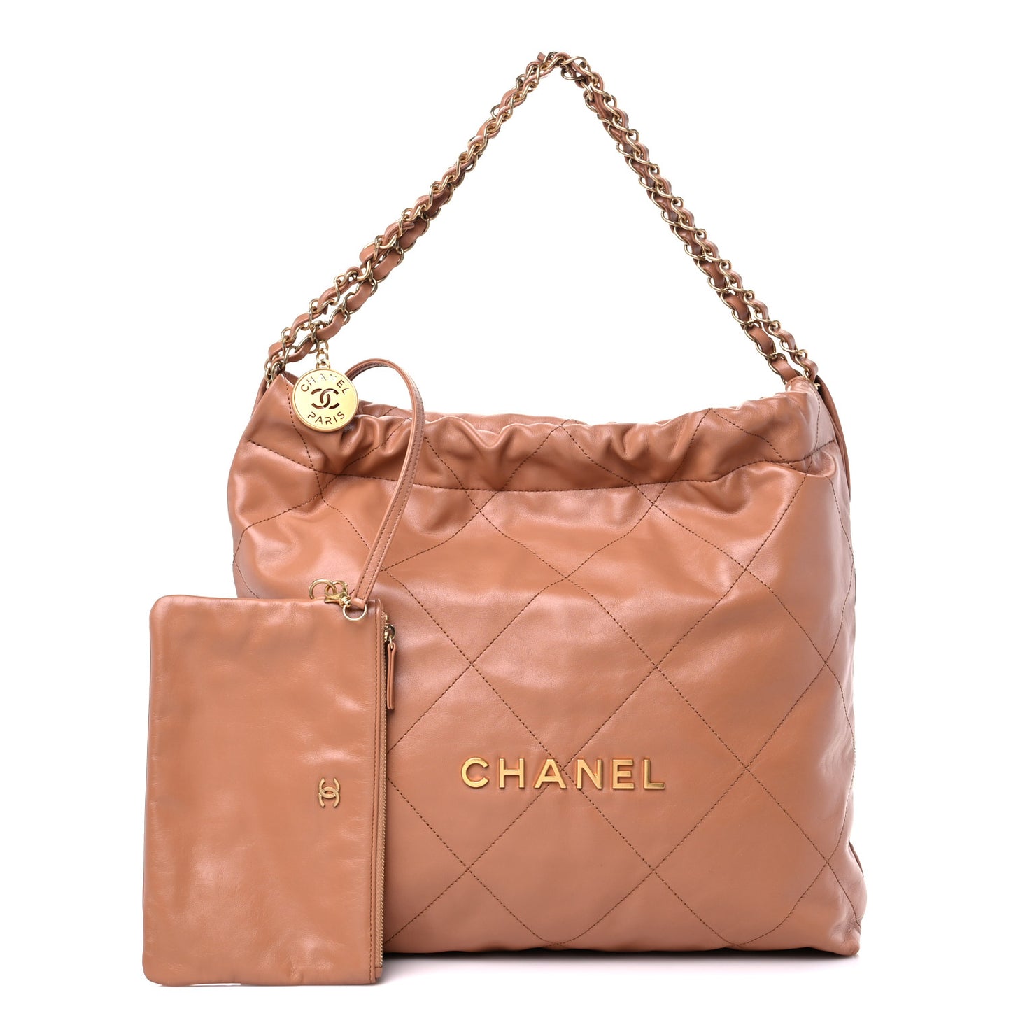 Shiny Calfskin Quilted Chanel 22 Camel