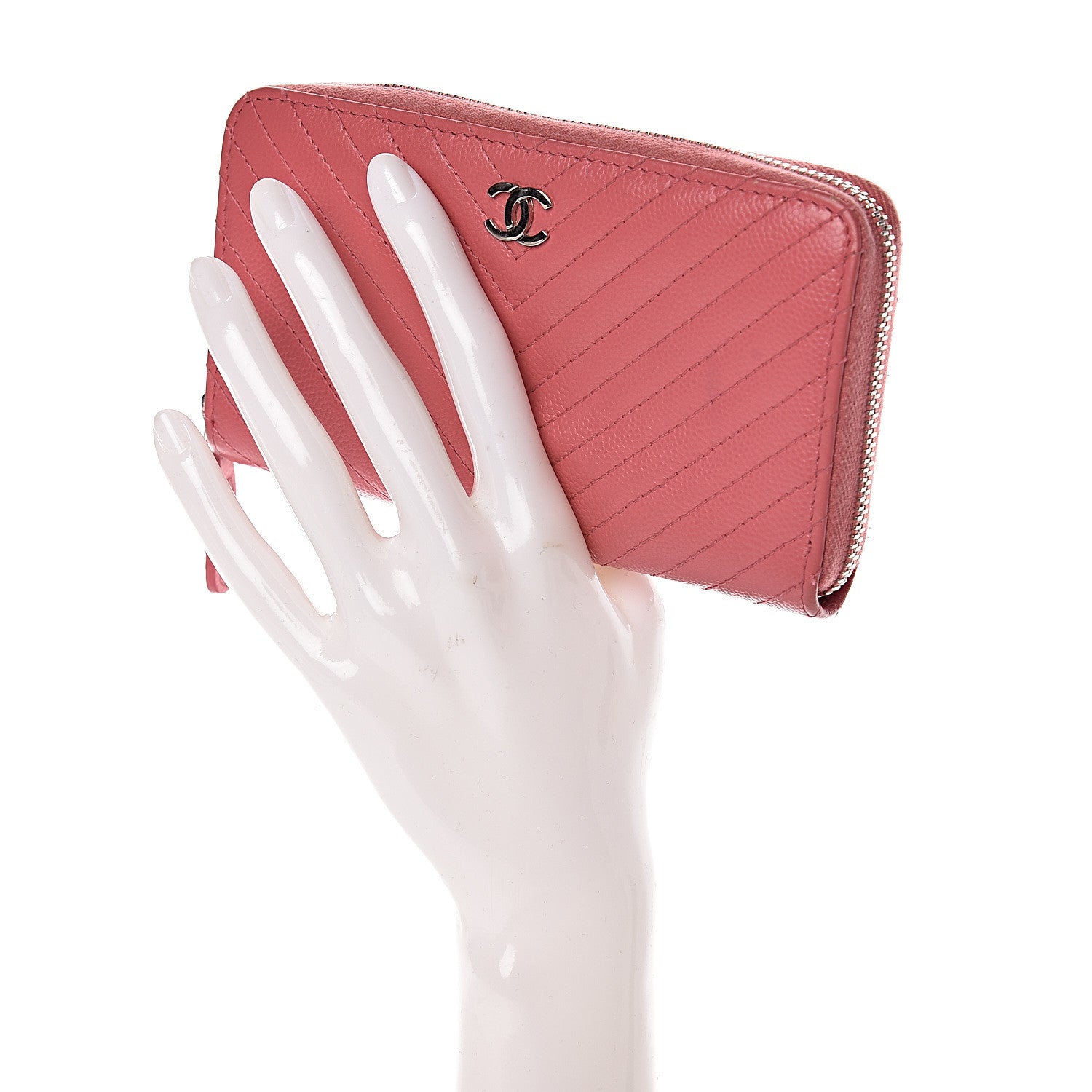 Chanel Caviar Chevron Quilted Small Zip Around Wallet Pink 2 of 15