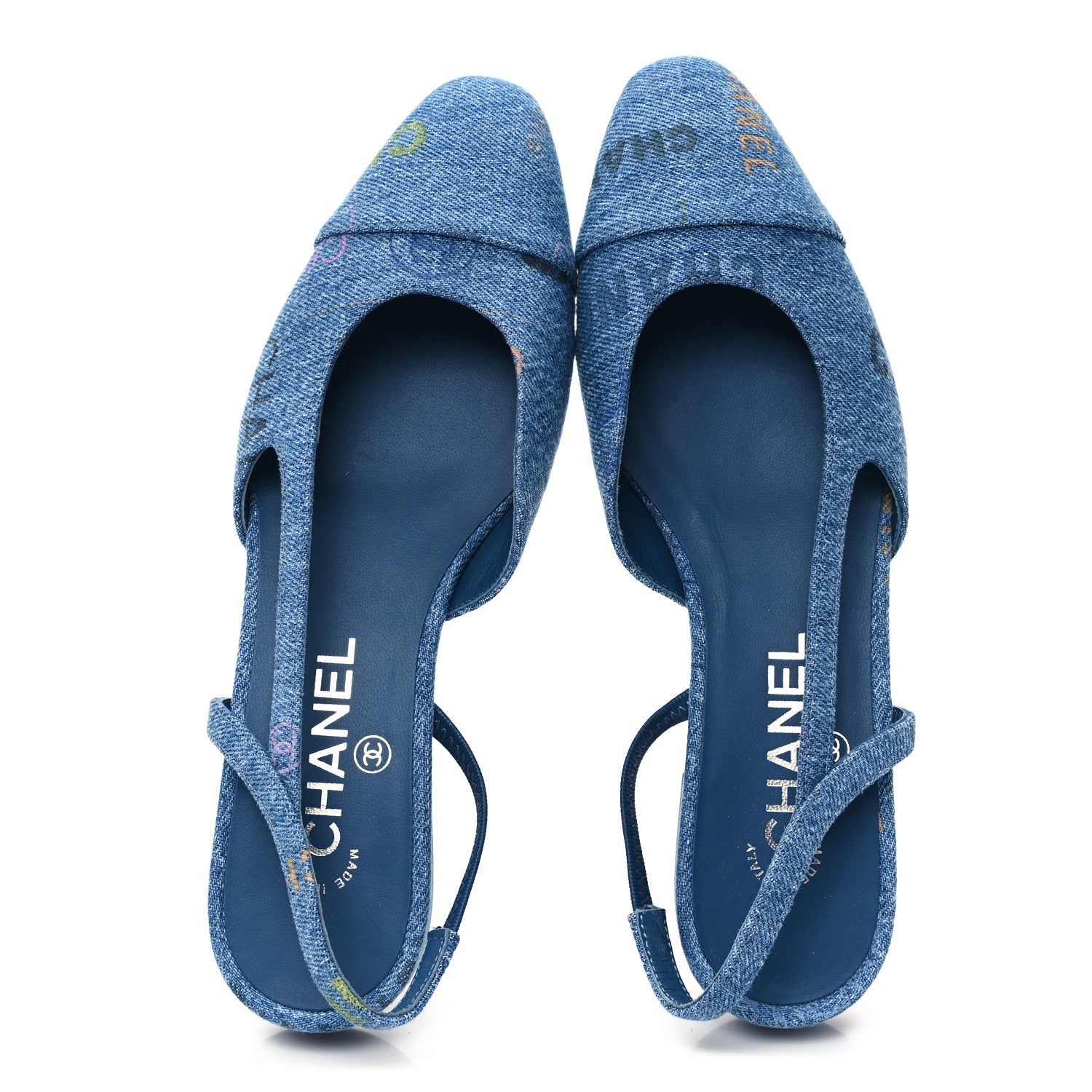 Chanel Denim Printed Denim Mood Cap Toe CC Slingback Flats 37 Light Blue Multicolor 2 of 9
