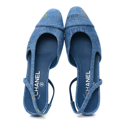 Chanel Denim Printed Denim Mood Cap Toe CC Slingback Flats 37 Light Blue Multicolor 2 of 9
