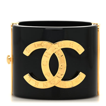 Chanel Resin CC Paris Button Cuff Bracelet Black Gold 1 of 5