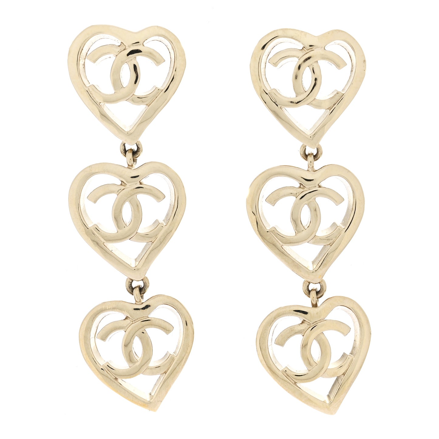 Metal CC Triple Heart Coco In Love Drop Earrings Gold