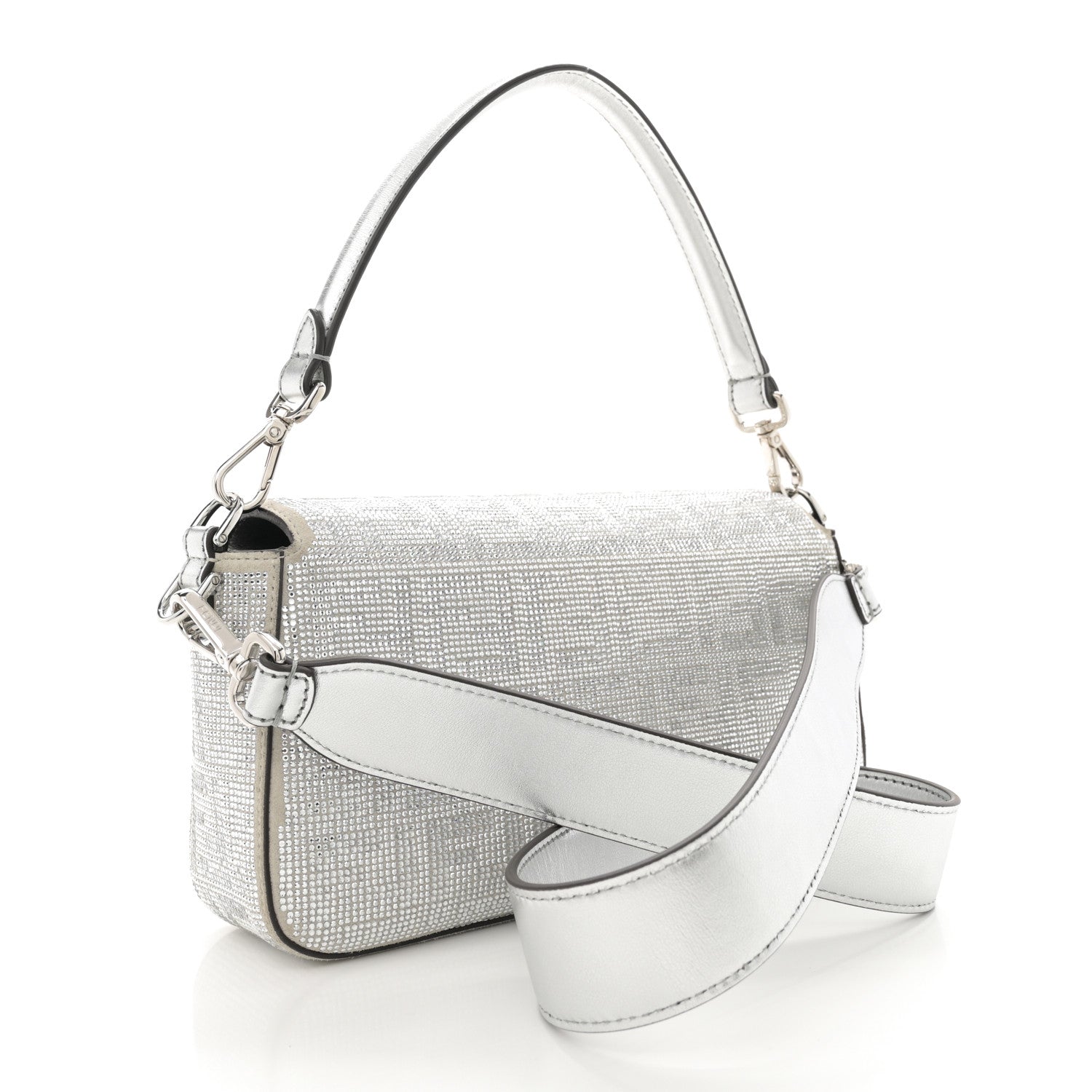 Fendi Crystal Vitello Laminato FF Medium Baguette Crystal Argento 3 of 12