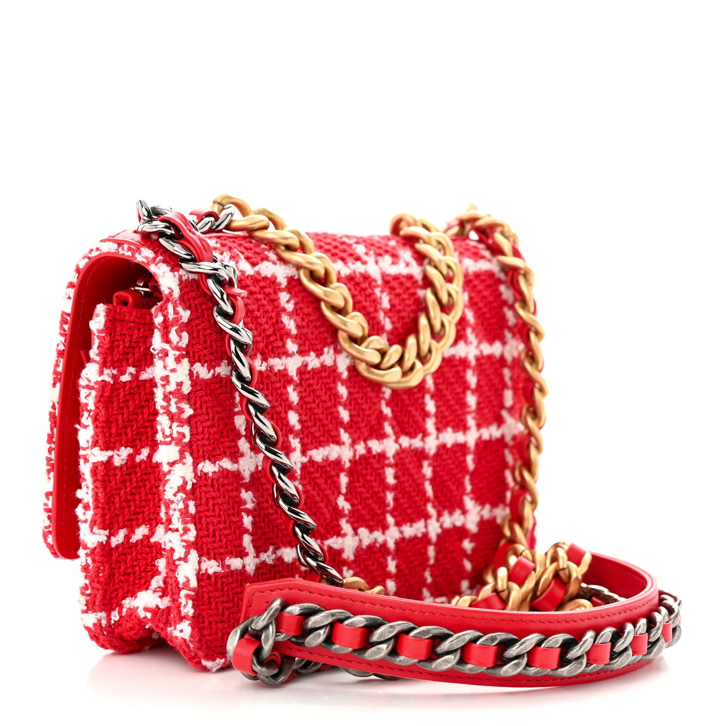 Tweed Quilted Chanel 19 Wallet On Chain WOC Red White