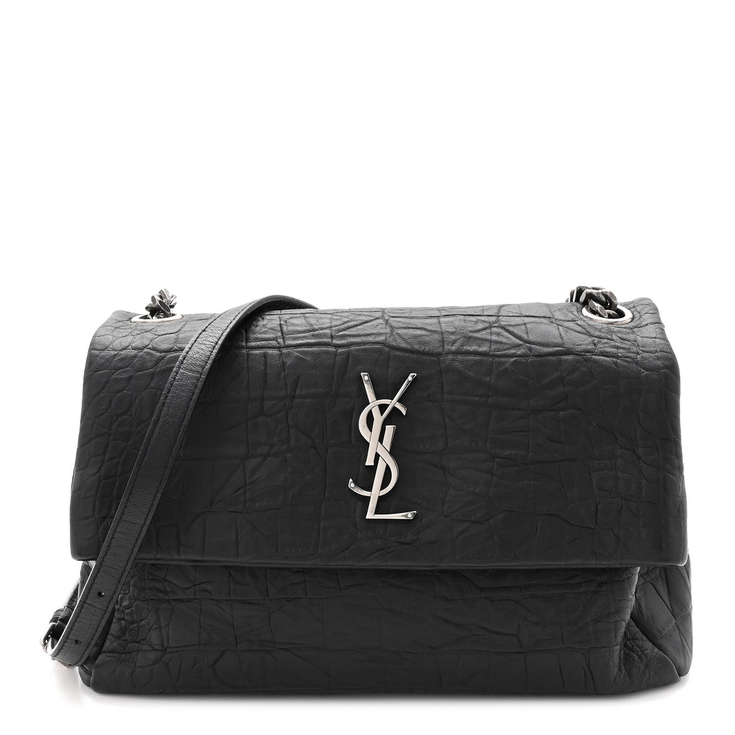 Calfskin Crocodile Embossed Medium West Hollywood Monogram Fold-Over Black