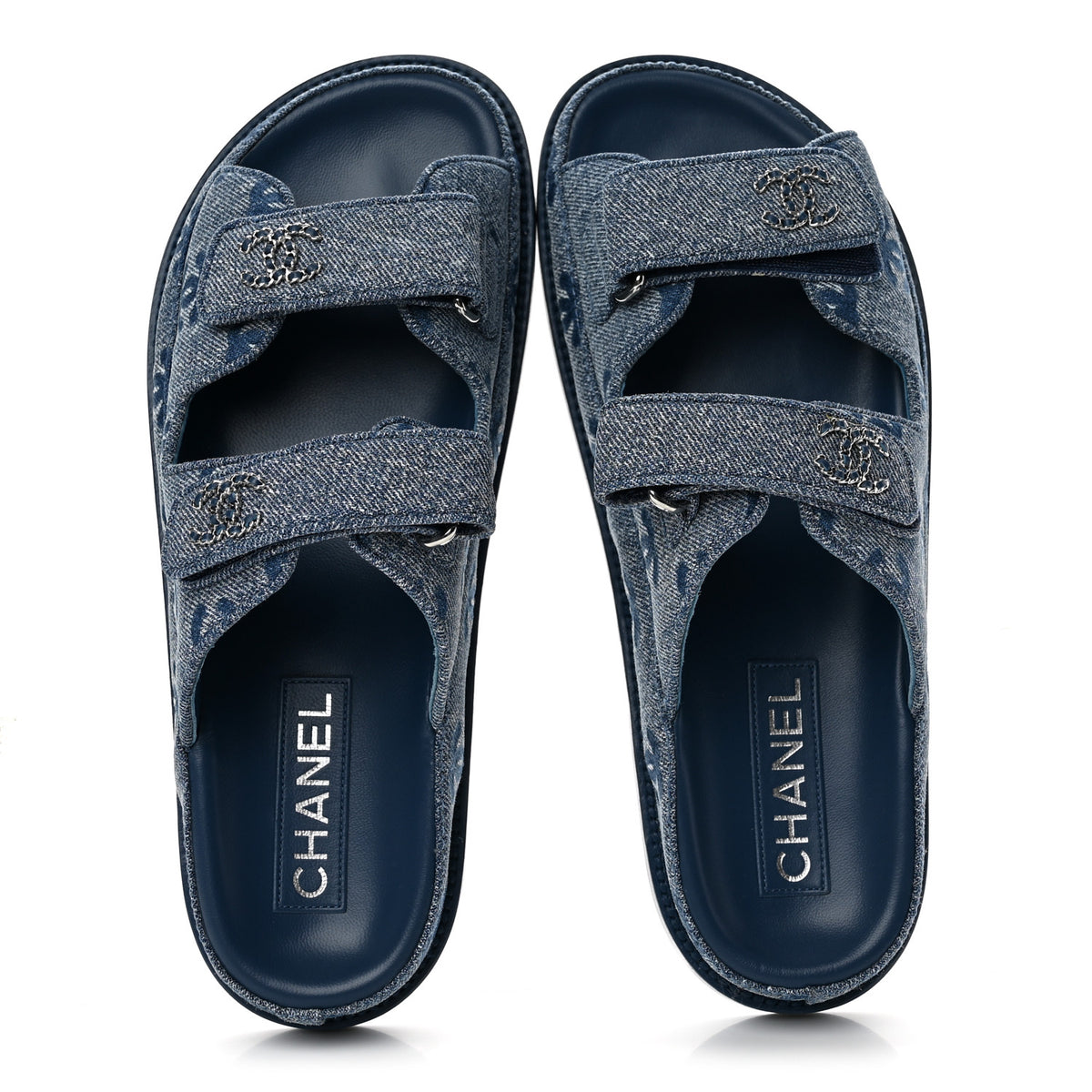 Chanel Denim CC Velcro Dad Chain CC Slide Sandals 39 Blue 2 of 10
